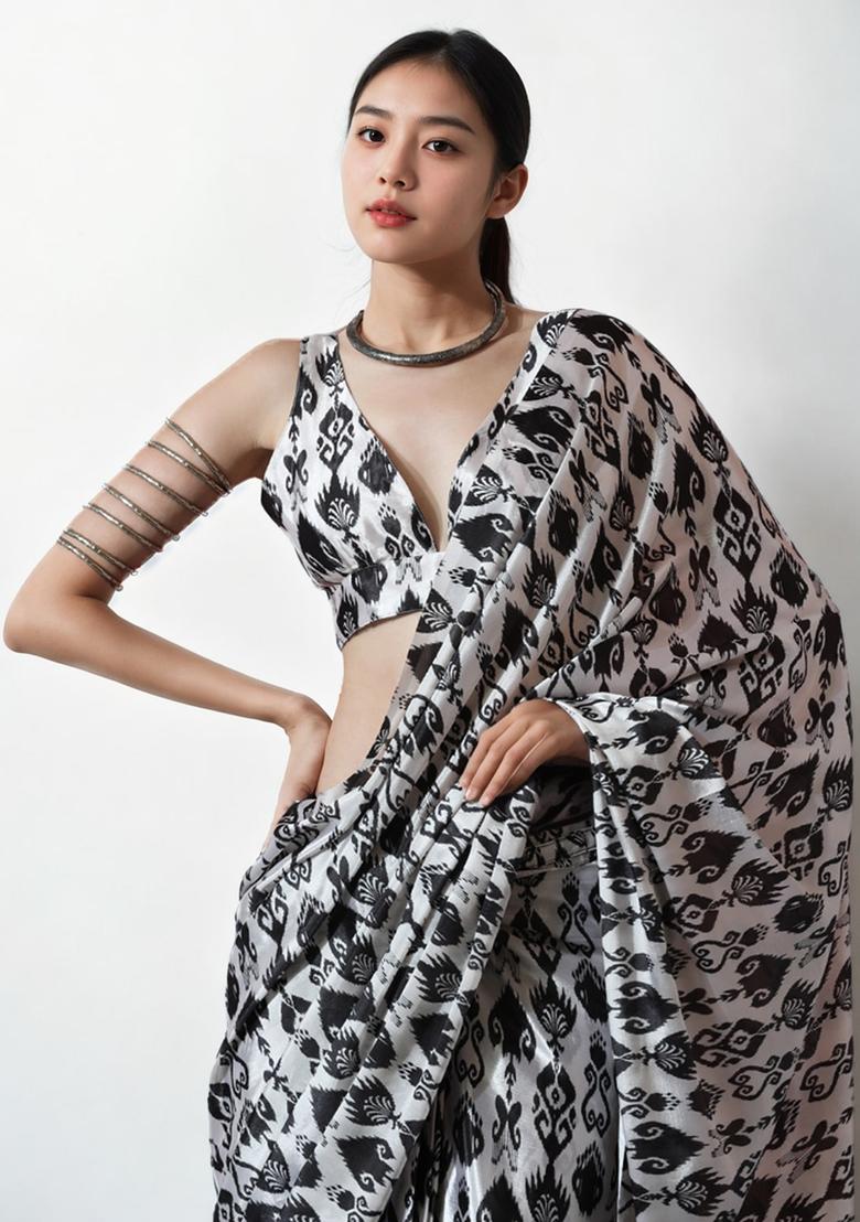 Black Digital Print Chinon Saree set