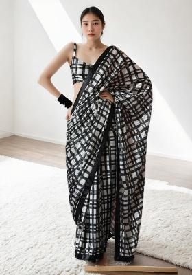 Black Digital Print Chinon Saree set