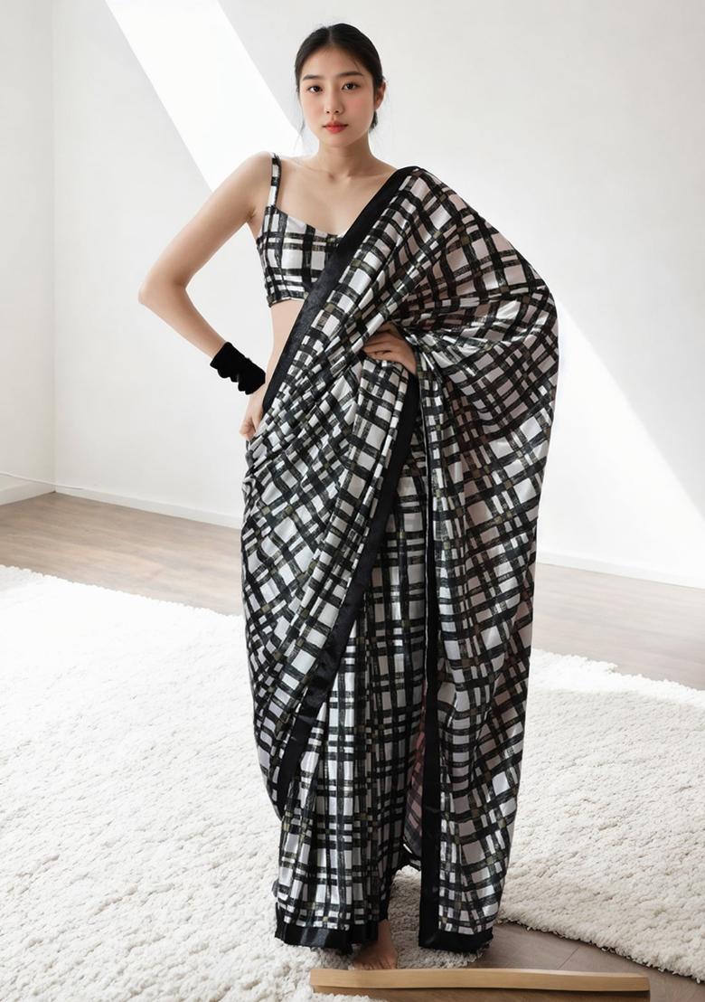 Black Digital Print Chinon Saree set