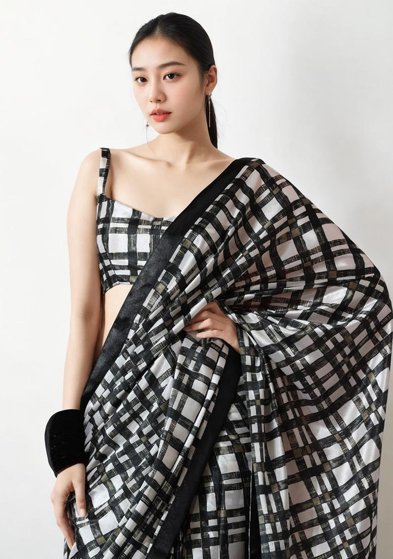 Black Digital Print Chinon Saree set