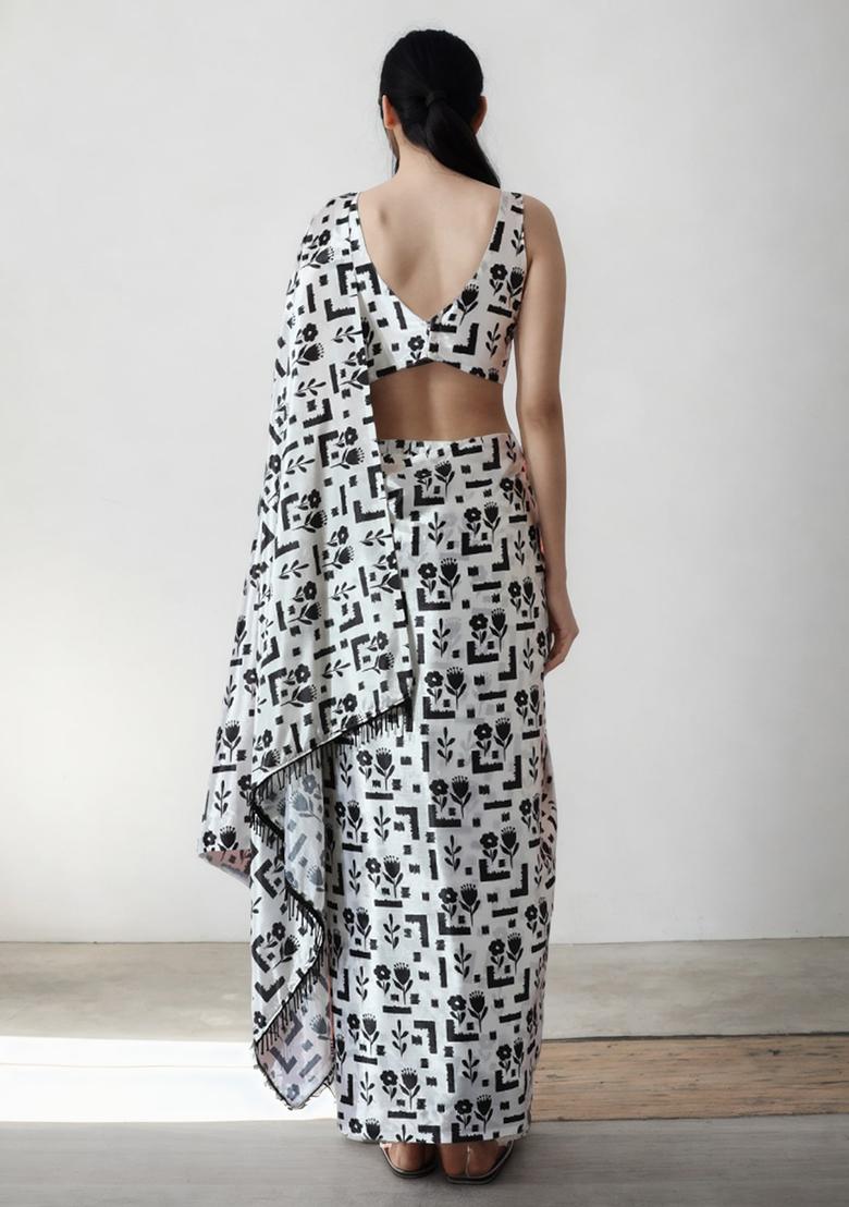 Black Digital Print Chinon Saree set