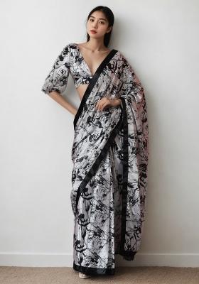 Black Digital Print Chinon Saree set