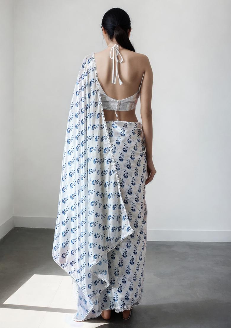 Blue Digital Print Chinon Saree set