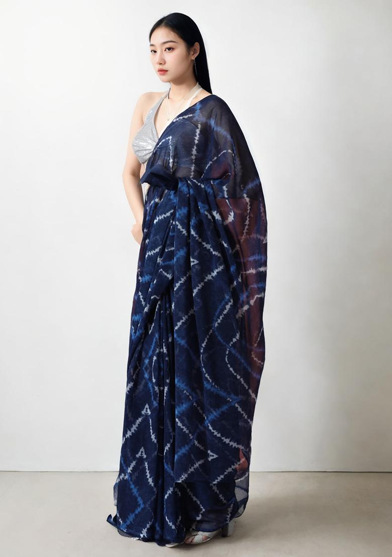 Dark Blue Printed Chiffon Saree set