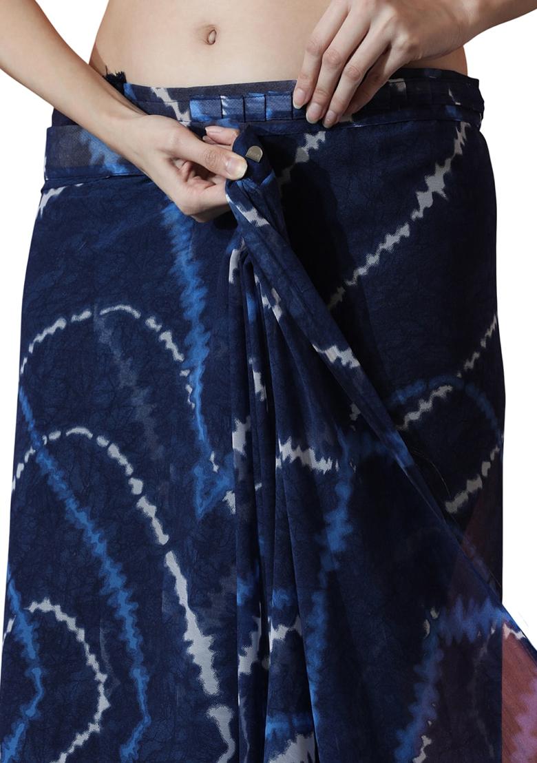 Dark Blue Printed Chiffon Saree set