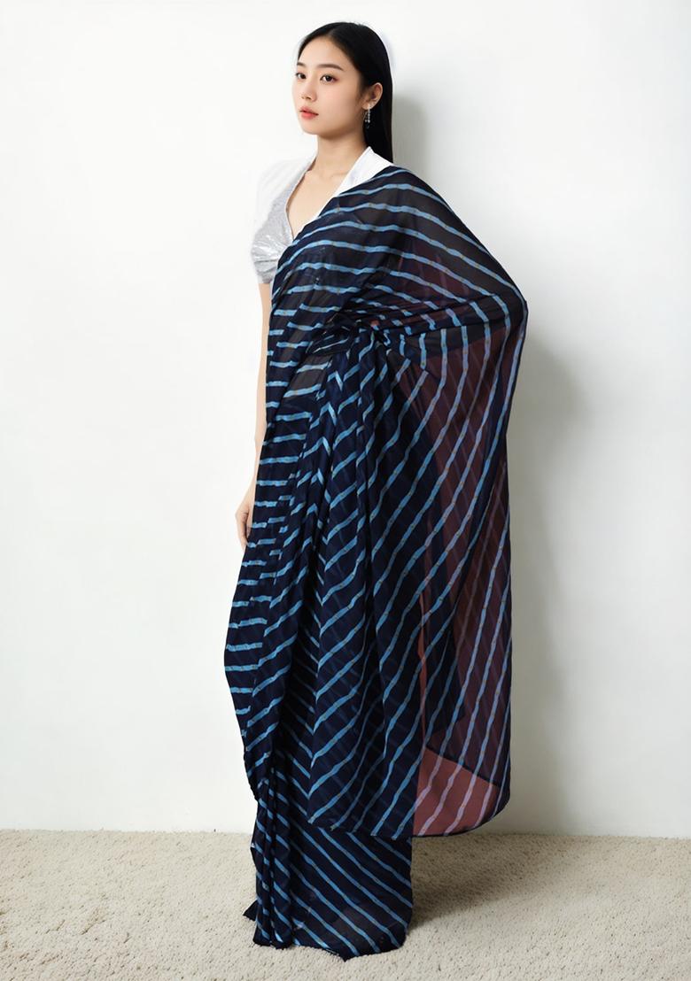 Dark Blue Printed Chiffon Saree set