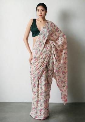 Multicolor Digital Print Chinon Saree set