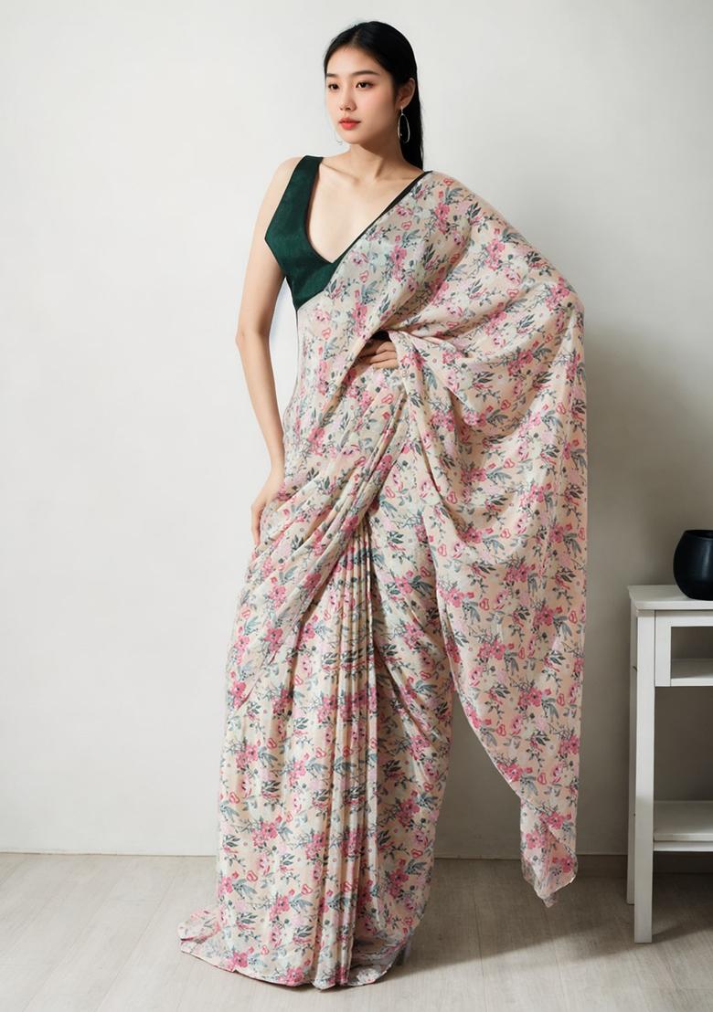 Multicolor Digital Print Chinon Saree set