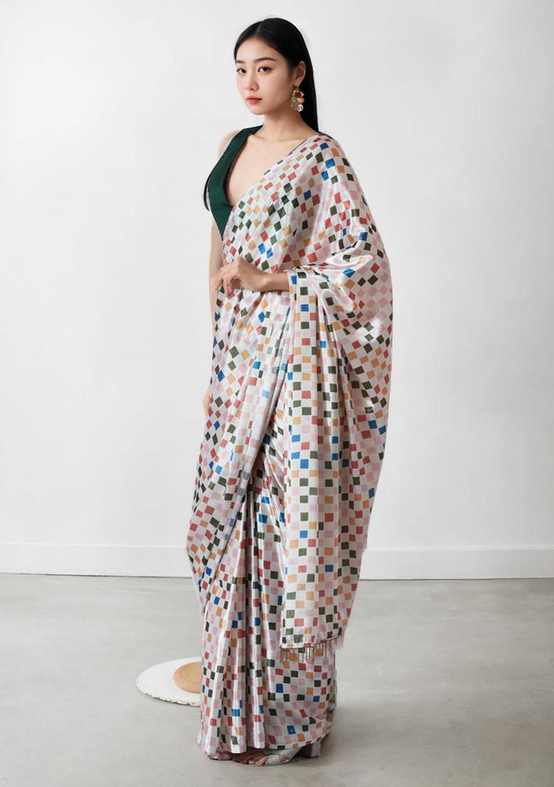 Multicolor Digital Print Chinon Saree set