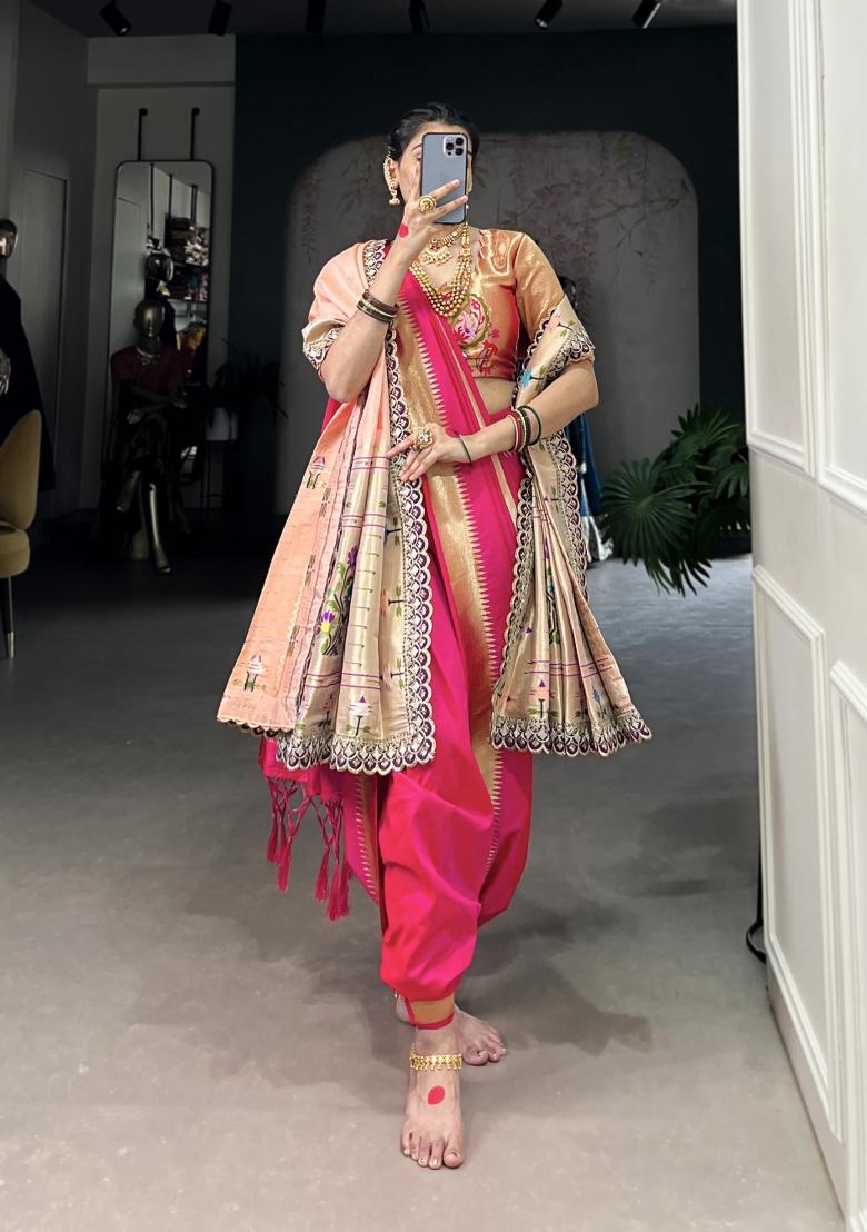 Pink Zari Embroidered Jacquard Saree Set