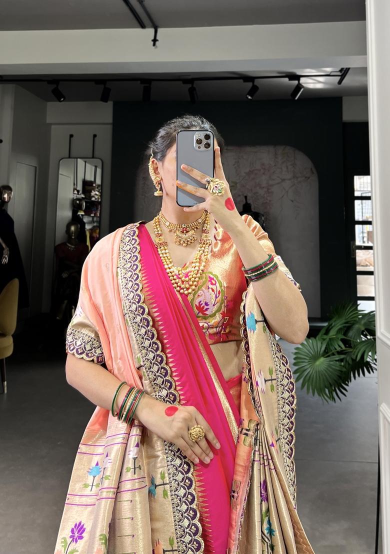 Pink Zari Embroidered Jacquard Saree Set