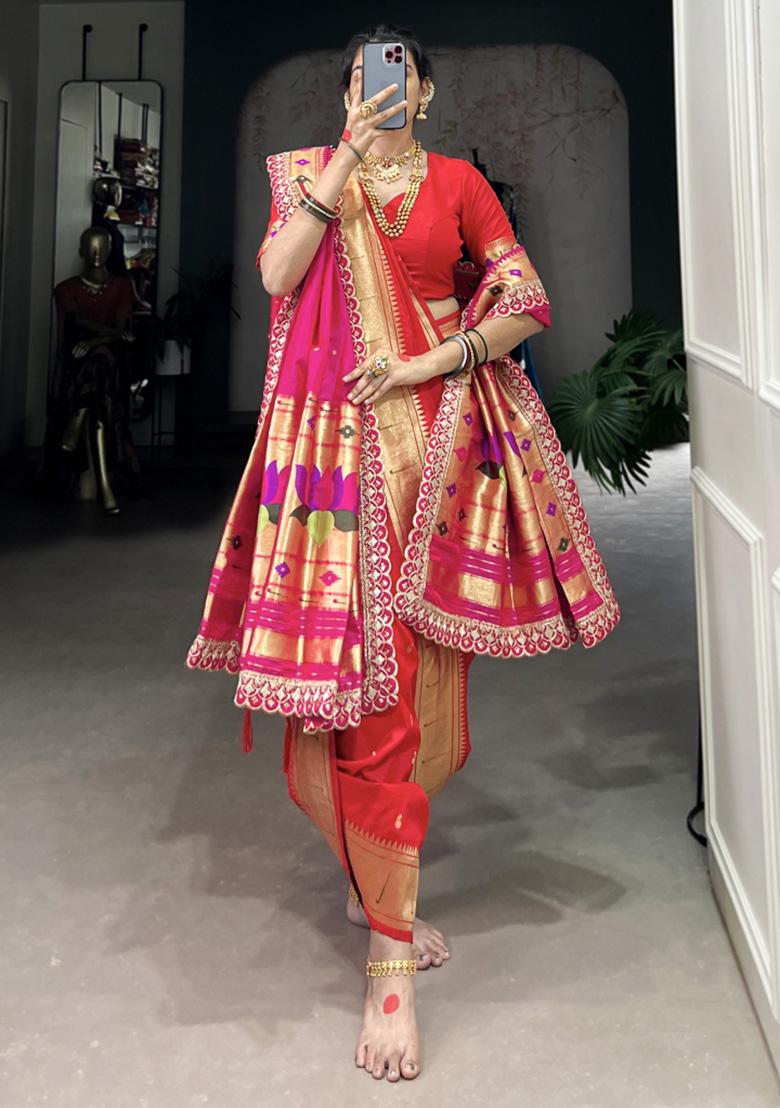 Red Embroidered Jacquard Saree Set