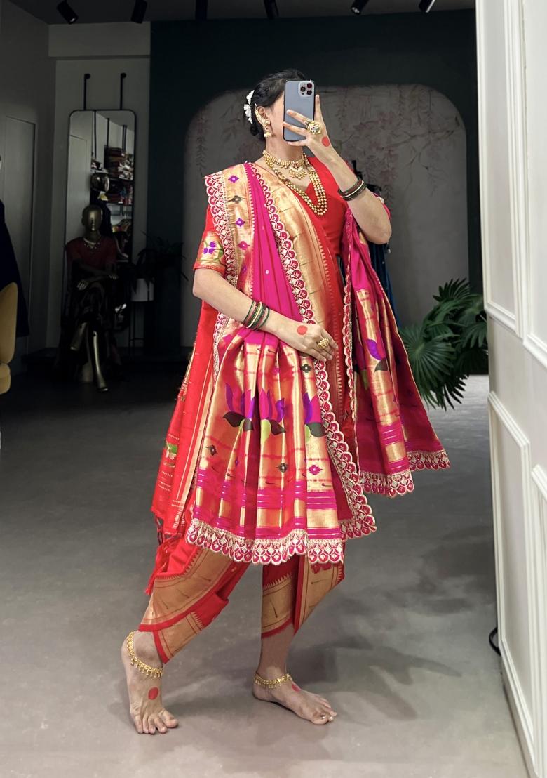 Red Embroidered Jacquard Saree Set