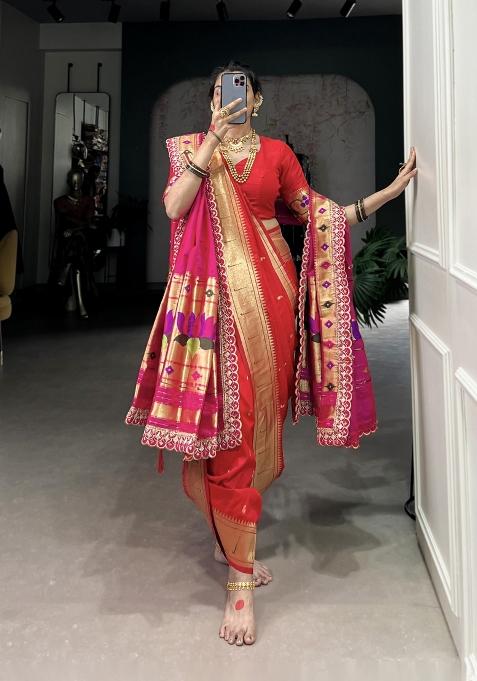 Red Embroidered Jacquard Saree Set