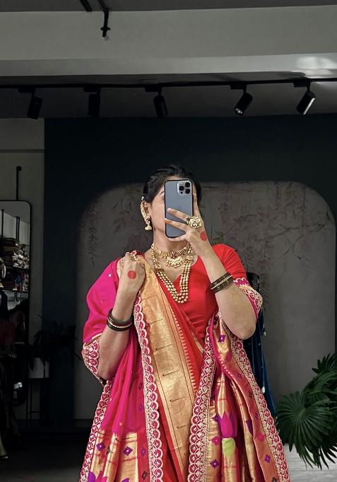 Red Embroidered Jacquard Saree Set