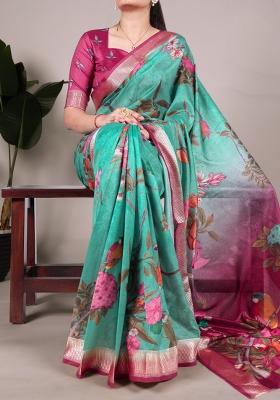 Green Printed Silk Saree Set