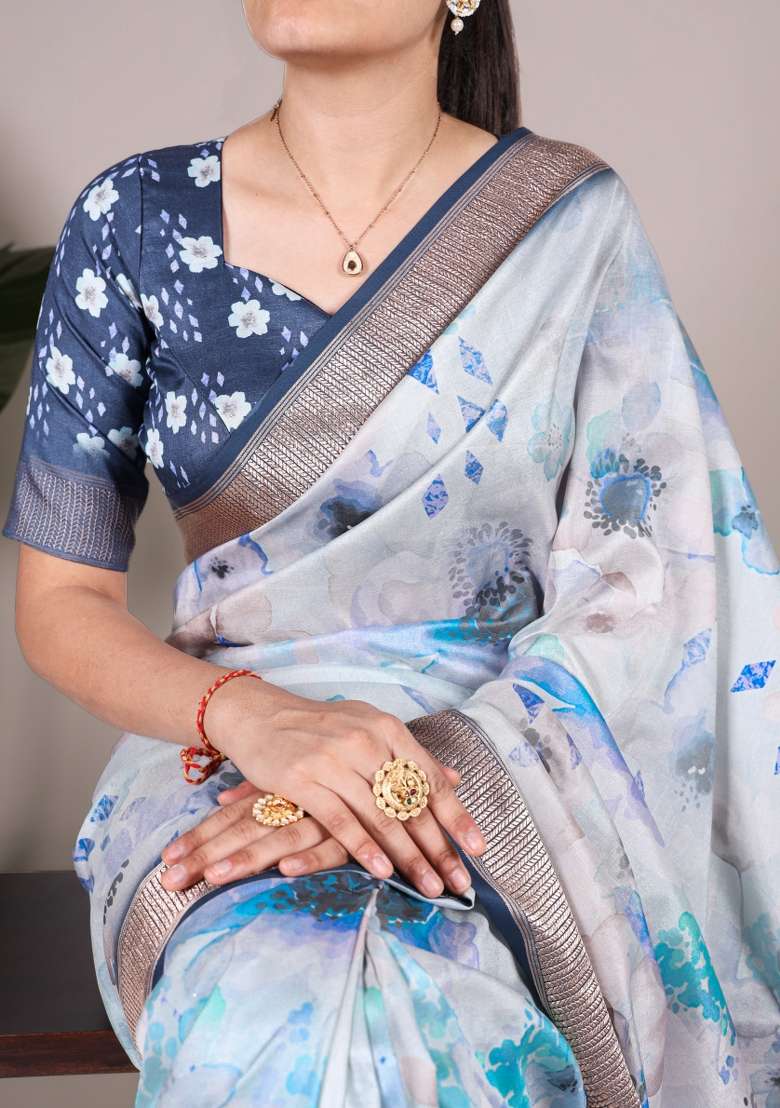 Sky Blue Printed Silk Saree Set - Indya