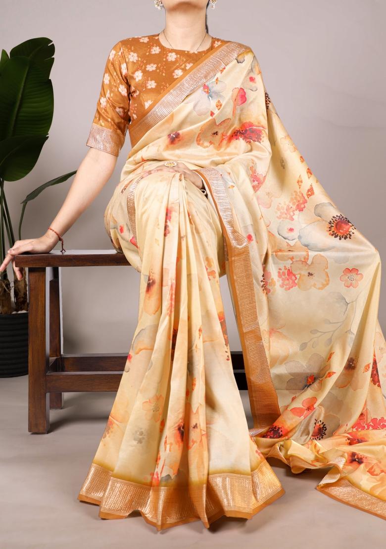 Cream Printed Silk Saree Set
