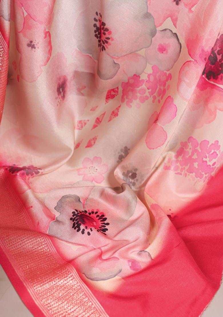 Peach Printed Silk Saree Set