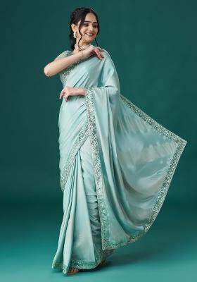 Blue Embroidered Satin Saree Set