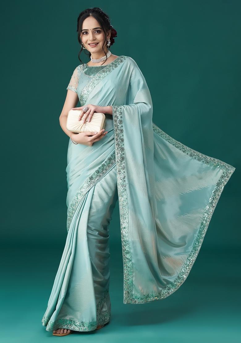 Blue Embroidered Satin Saree Set