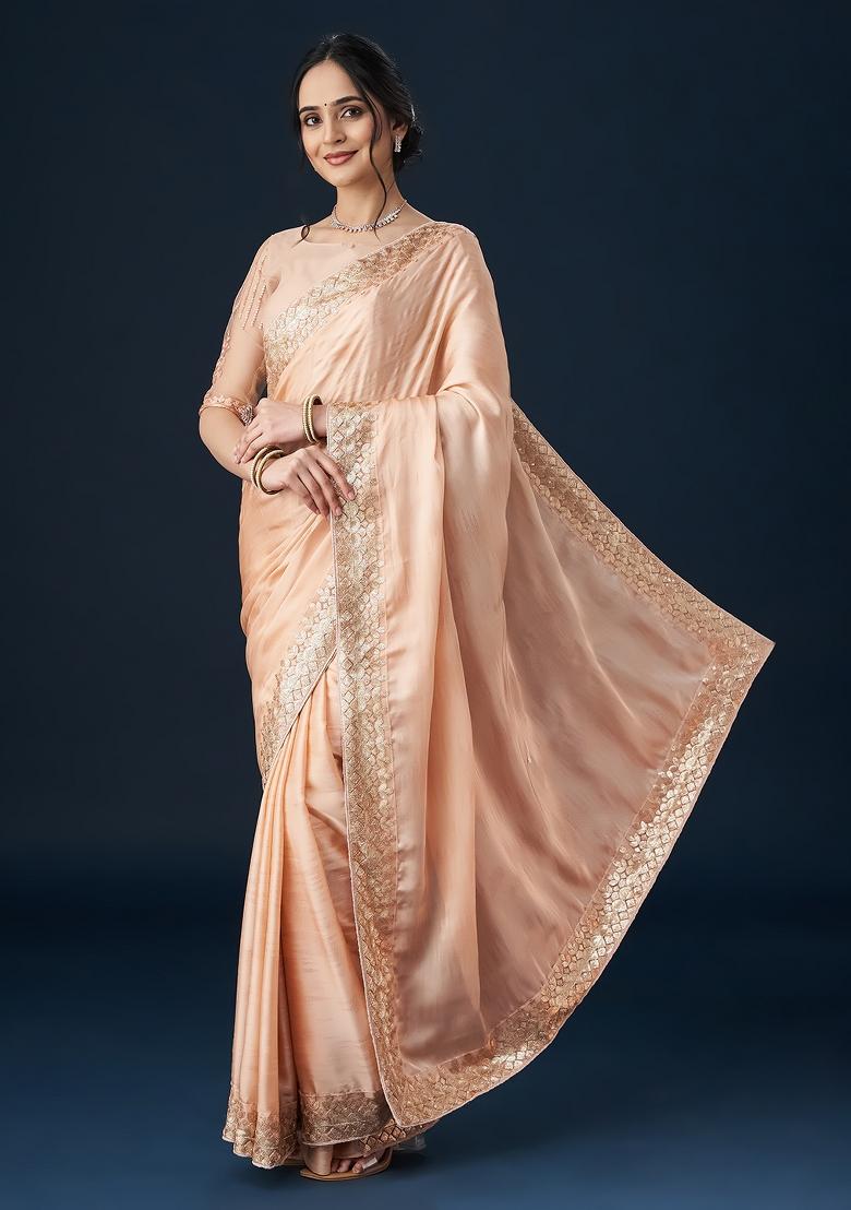 Peach Embellished Satin Saree Set