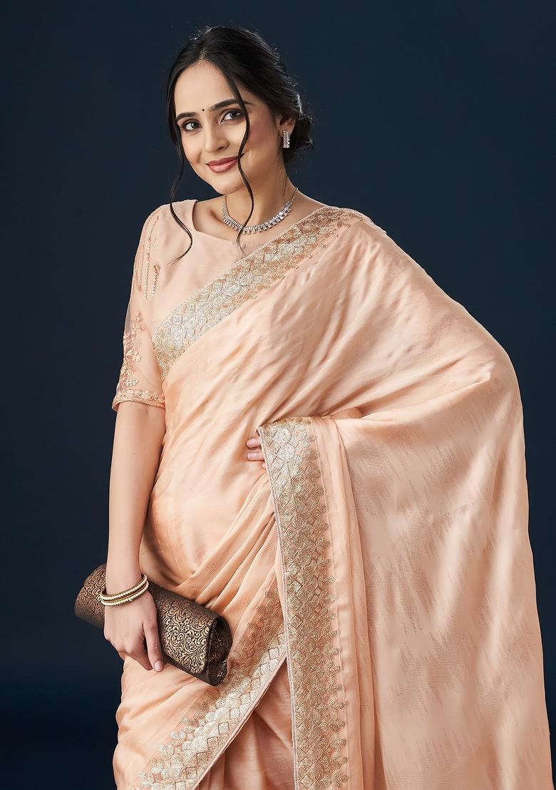 Peach Embellished Satin Saree Set