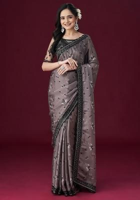 Grey Embellished Satin Saree Set