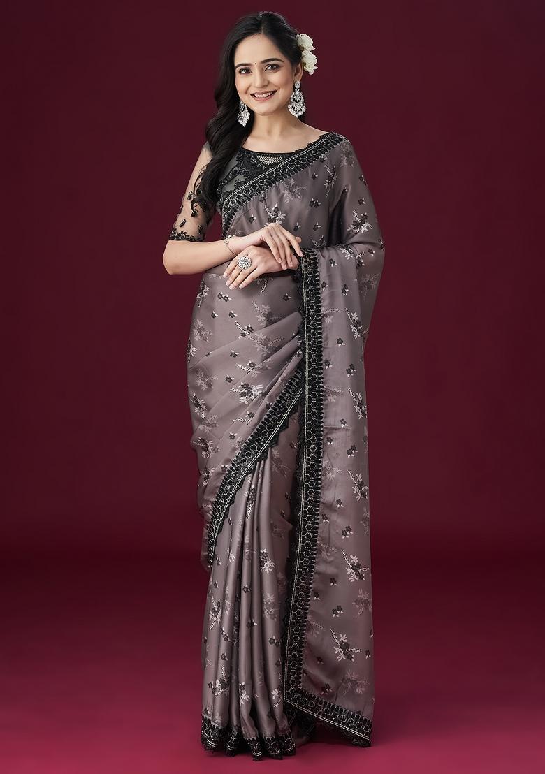 Grey Embellished Satin Saree Set