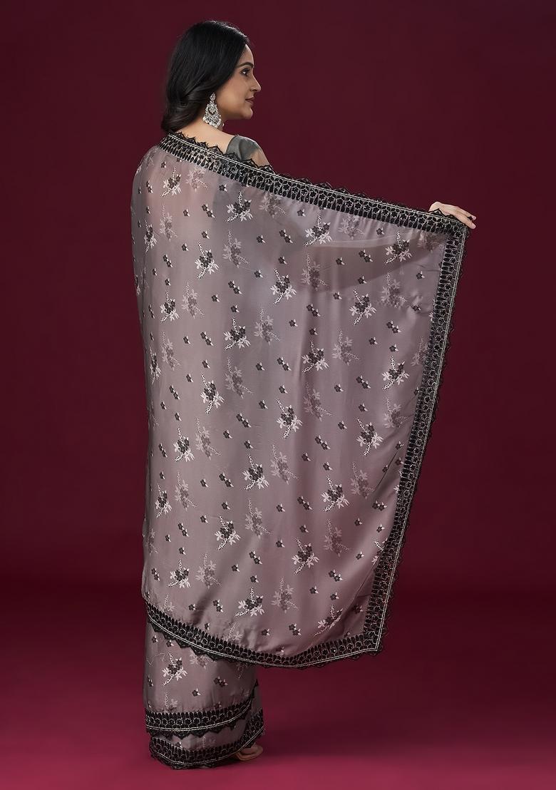 Grey Embellished Satin Saree Set