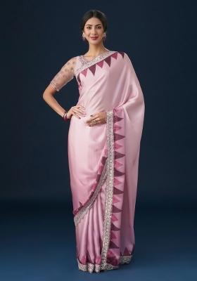 Pink Embellished Satin Saree Set