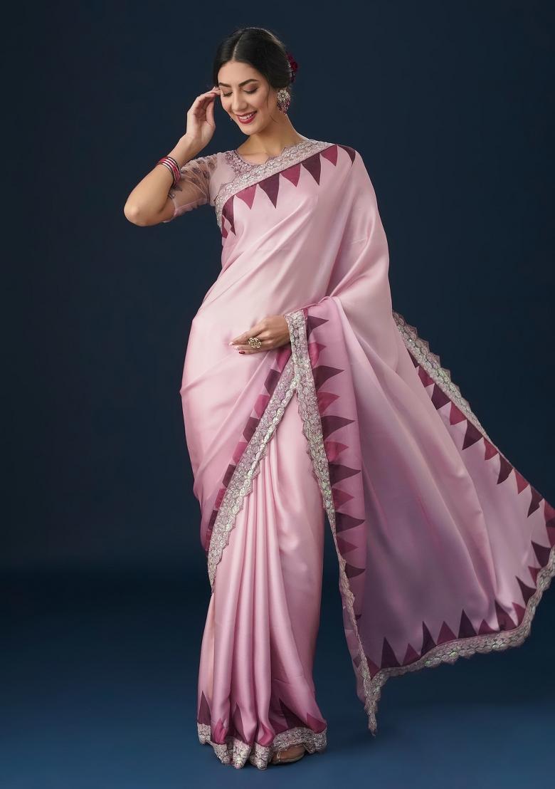 Pink Embellished Satin Saree Set