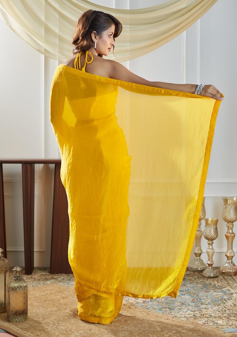 Yellow Solid Silk Saree Set
