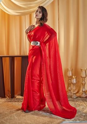 Red Solid Silk Saree Set
