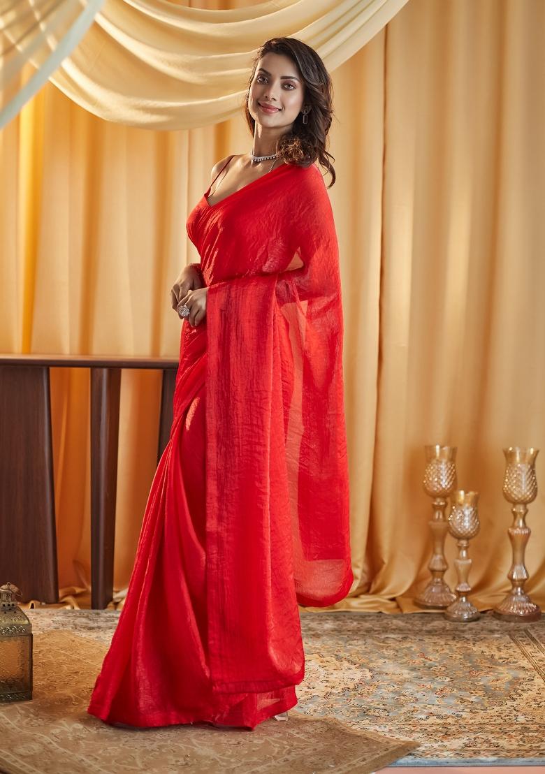 Red Solid Silk Saree Set