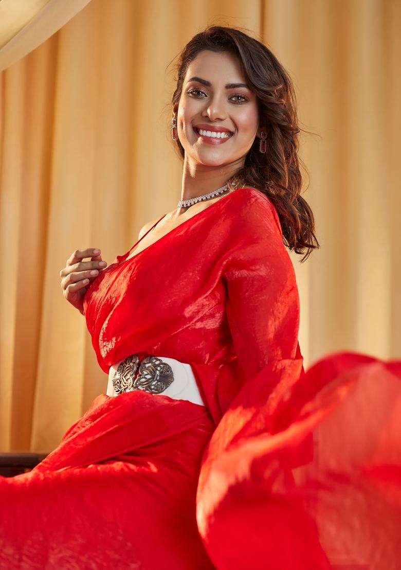 Red Solid Silk Saree Set