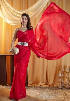 Rani Pink Solid Silk Saree Set