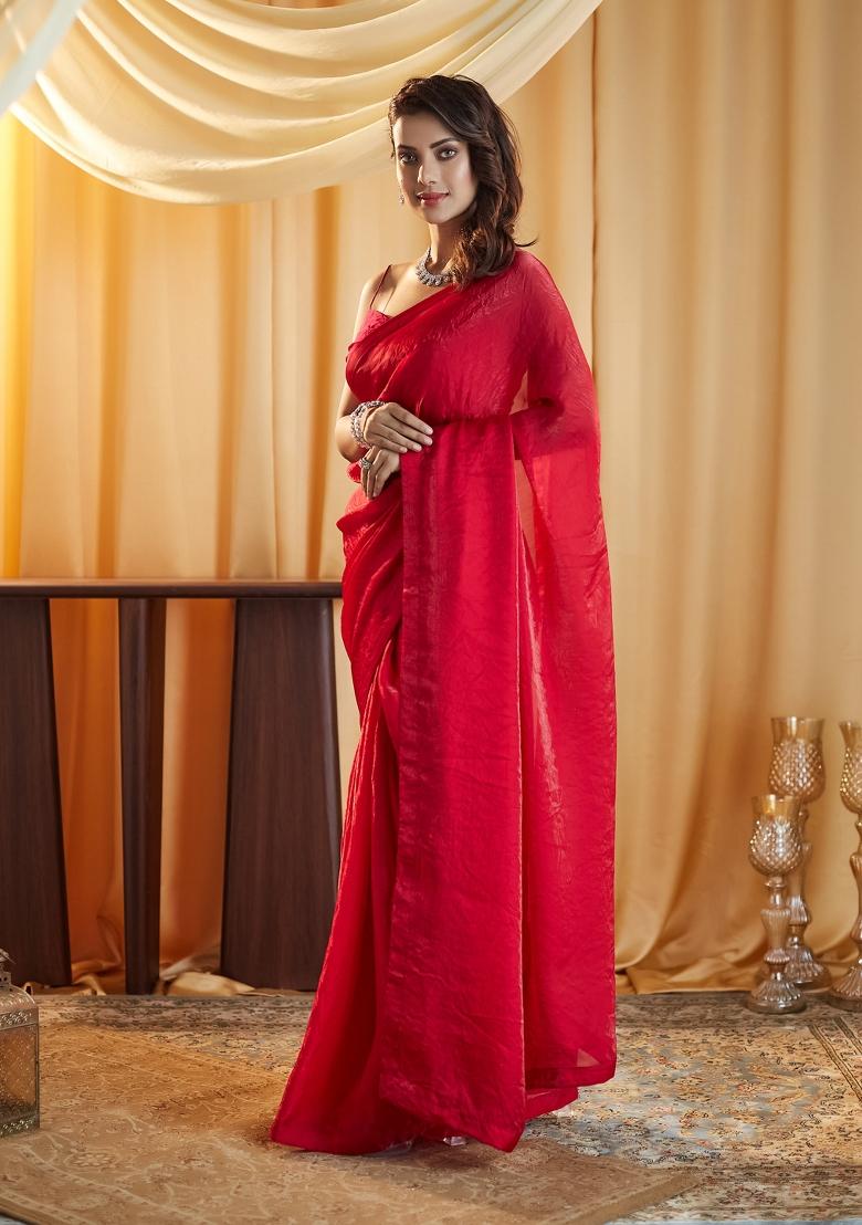 Rani Pink Solid Silk Saree Set