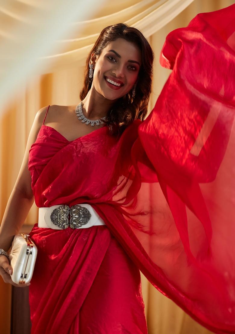 Rani Pink Solid Silk Saree Set