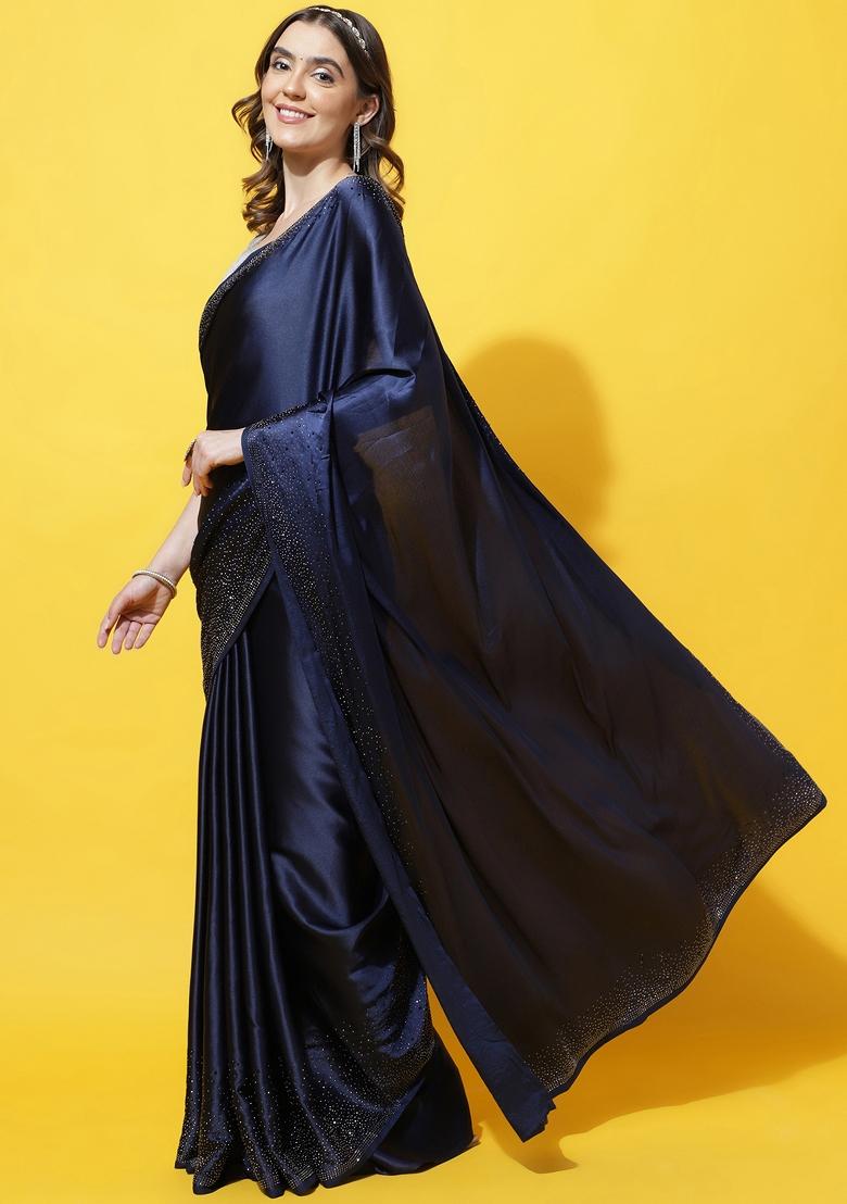 Navy Blue Embroidered Satin Saree Set