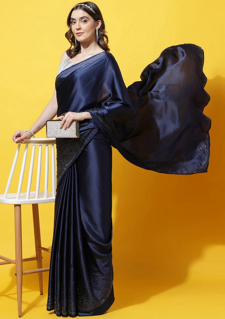 Navy Blue Embroidered Satin Saree Set