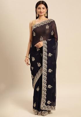Navy Blue Embroidered Georgette Saree Set