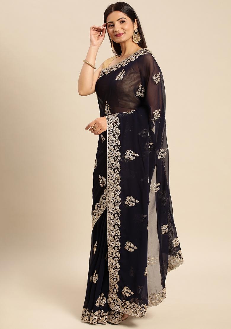 Navy Blue Embroidered Georgette Saree Set