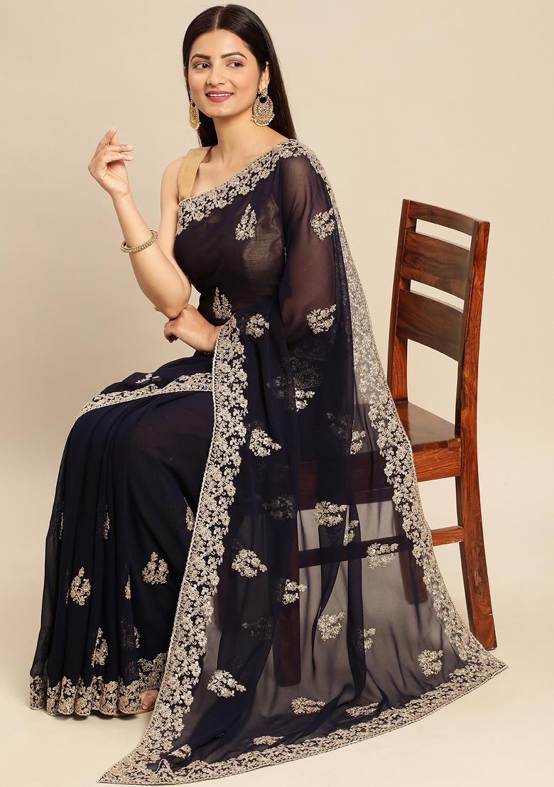 Navy Blue Embroidered Georgette Saree Set