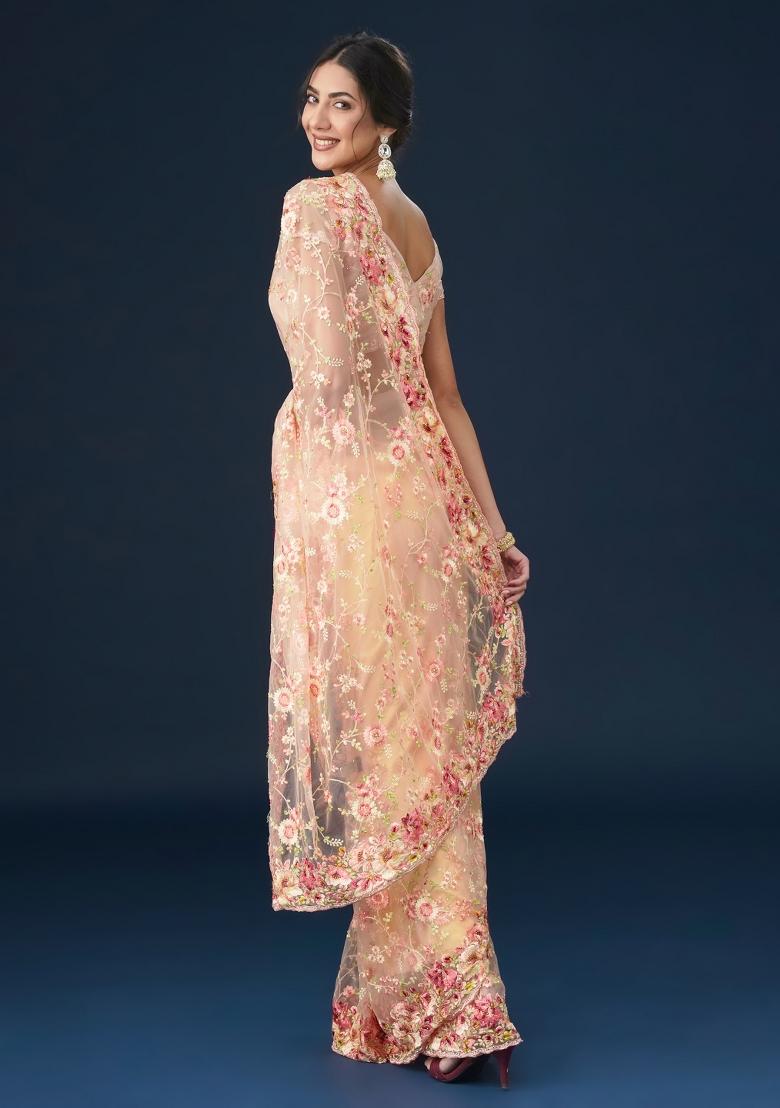 Pink Woven Net Saree Set