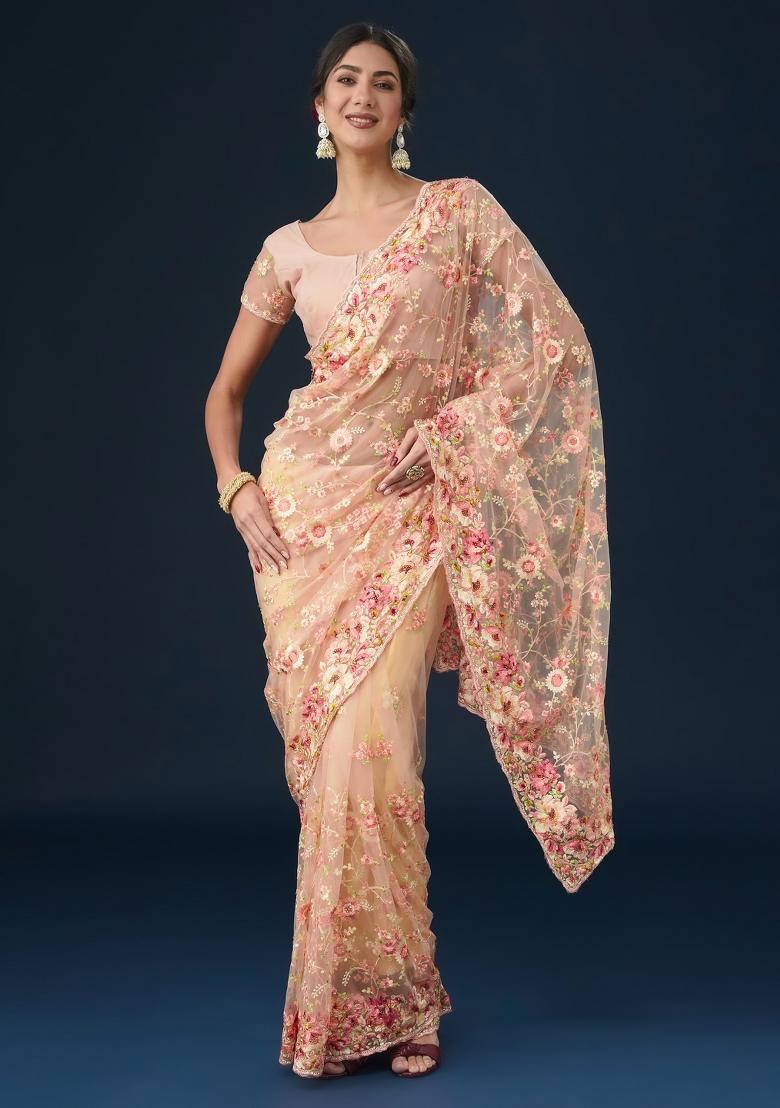 Pink Woven Net Saree Set