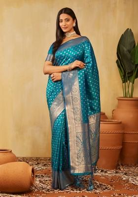 Turquoise Blue Woven Silk Saree Set