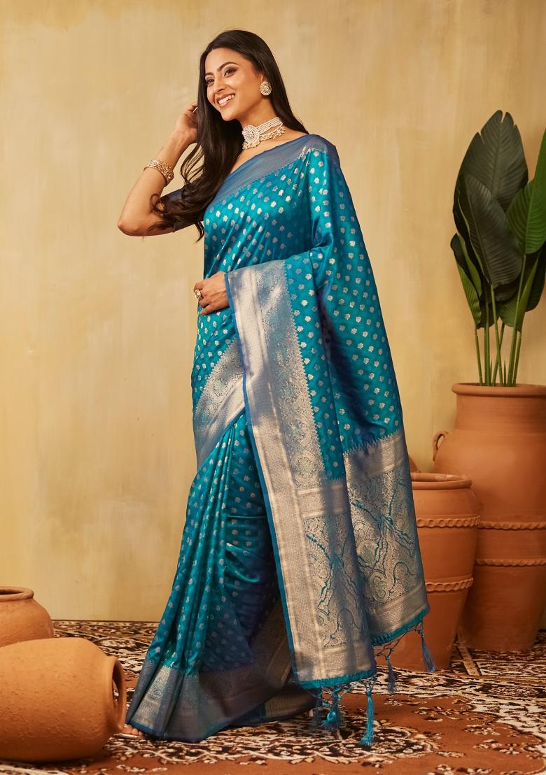 Turquoise Blue Woven Silk Saree Set