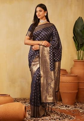 Navy Blue Woven Silk Saree Set