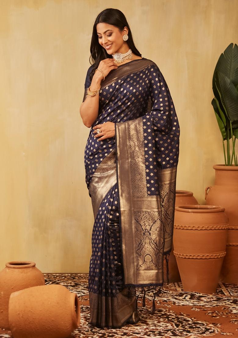 Navy Blue Woven Silk Saree Set